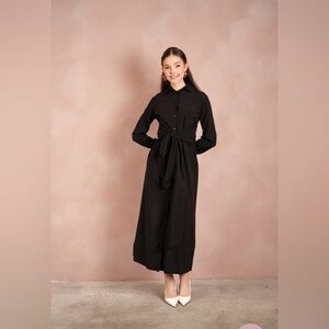 Button-Front Black Tie-Waist Maxi Jumpsuit